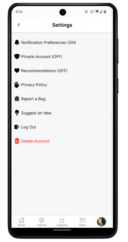 Previous Settings screen