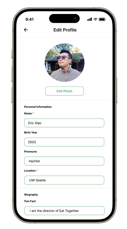 Eat Together profile page after redesign