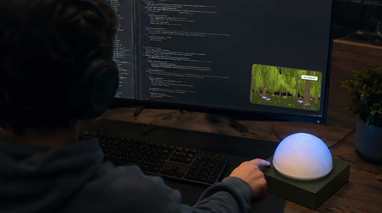 TerraSync product render showing the physical lamp and digital terrarium